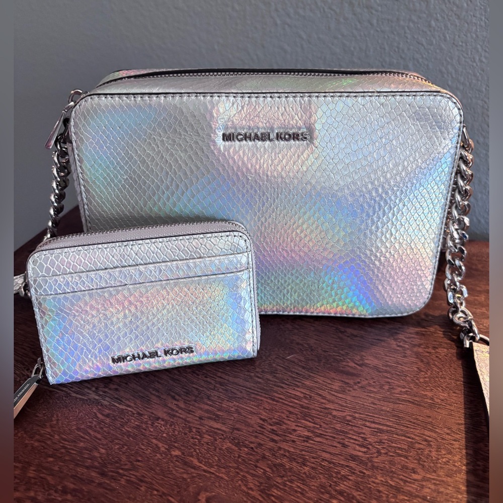 Michael Kors Holographic Ginny Camera mermaid style Crossbody Bag and wallet set